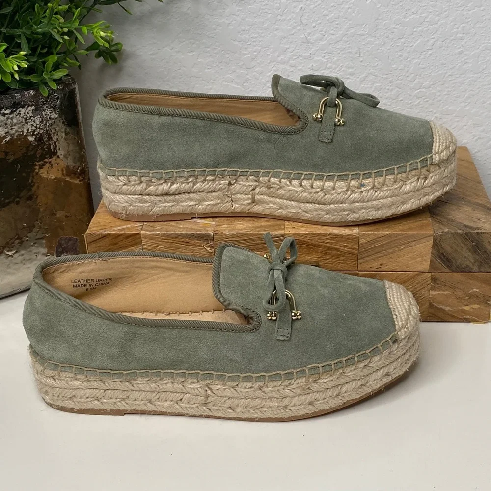 Talbots Quinn Espadrille Suede Platform Loafers Slip On Shoes Olive Green SZ 6.5